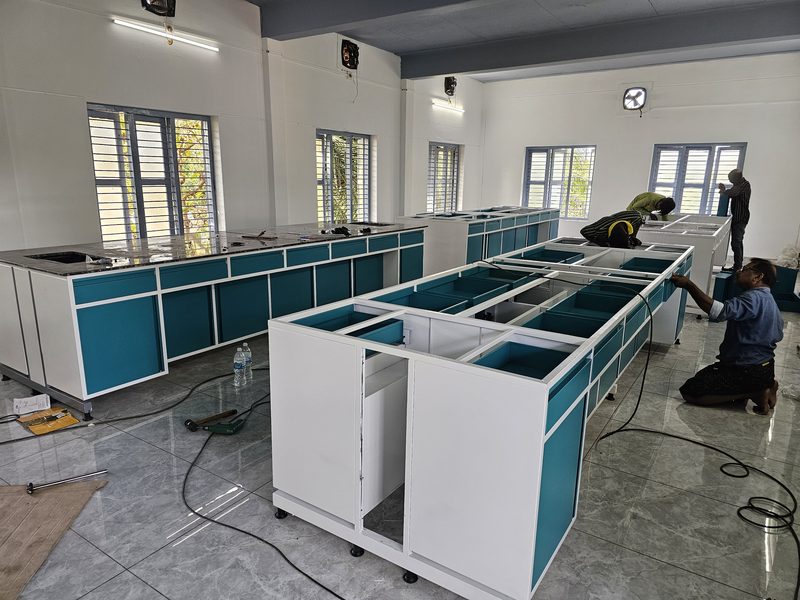 Laboratory workbench installation in progress